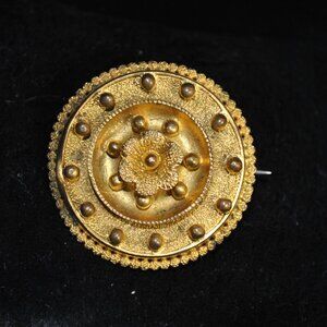Antique Gold-plated Victorian Circular Brooch with Center Flower